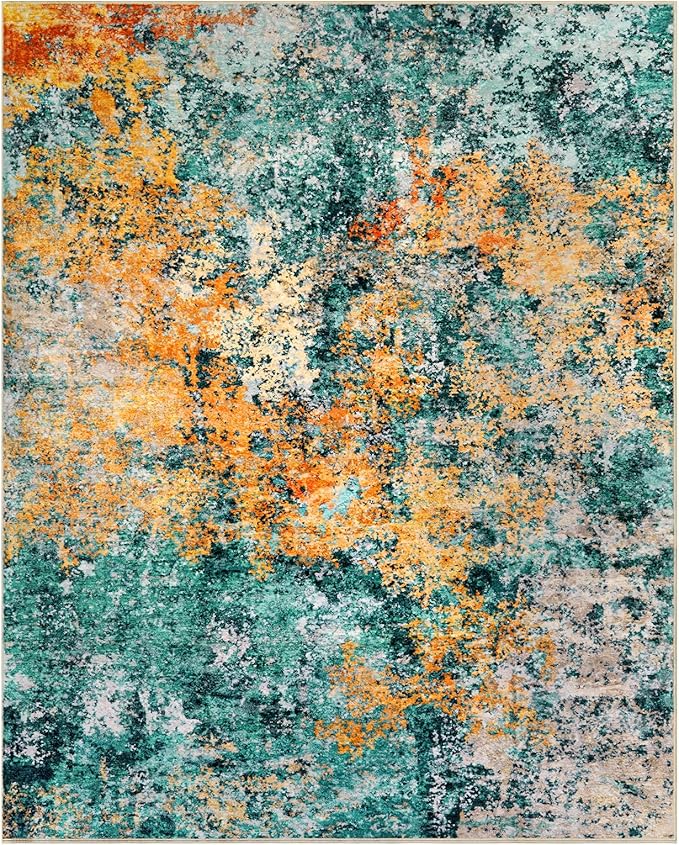Washable Area Rug for Living Room: 5x7 Modern Abstract Neutral Soft Rug for Bedroom Dining Room No Slip Low Pile Carpet for Nursery Home Office - Teal/Orange