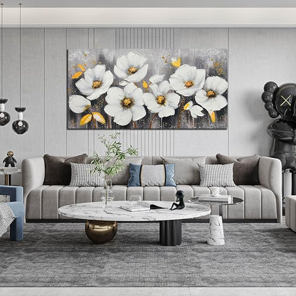 CIRABKY White Flower Canvas Wall Art for Living Room - Modern Hand Painted Wall Art for Office - Teen Girls Room Decor for Bedroom 29" x 59"