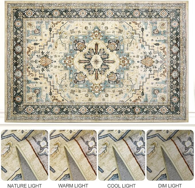 Area Rugs for Living Room 10x14 - Extra Large Machine Washable Vintage Oriental Soft Rug, Low Pile Thin Carpet with Non Slip Backing for Bedroom, Dorm, Dining Room, Indoor House, Office