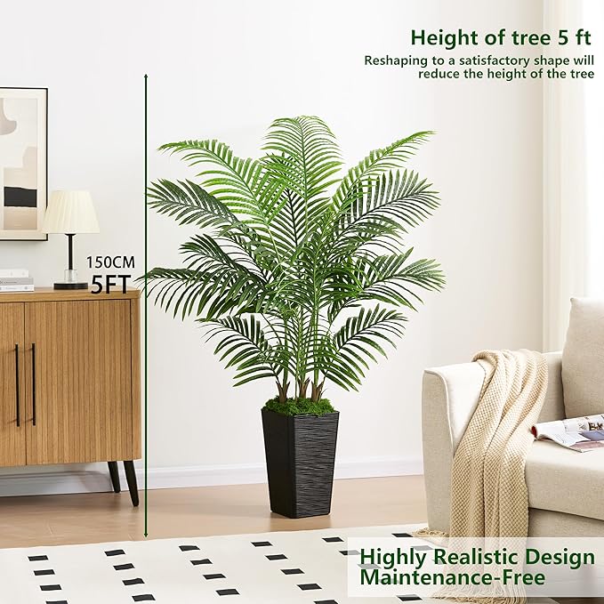 Artificial Palm Tree Artificial Silk Plant Fake Tree with White Tall Planter Faux Tropical Areca Floor Plant in Pot (1, Black Tall Planter, 5 FT)