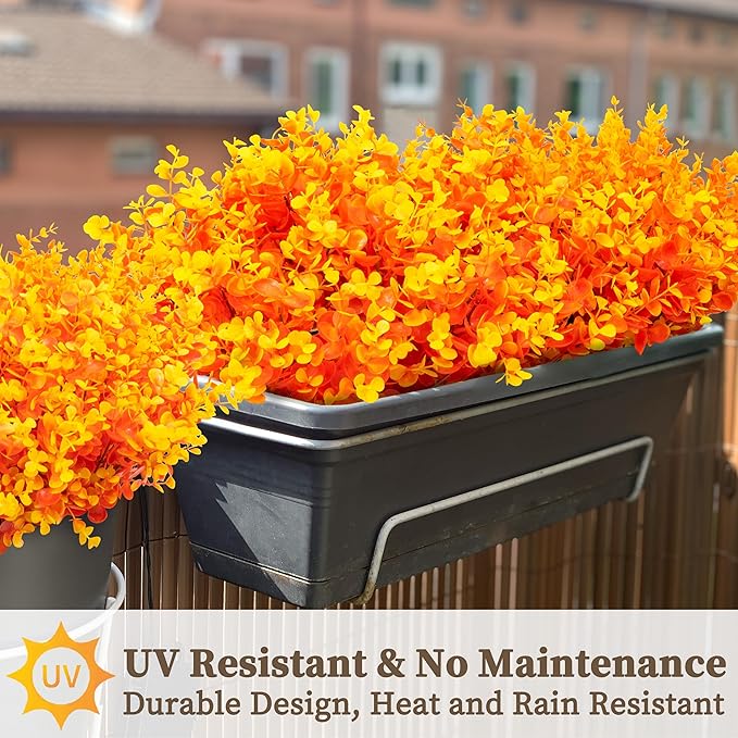 12 Bundles Eucalyptus Leaves Boxwood Artificial Mums for Outdoors/Indoors, Faux Mums for Outdoor Planters, Fall Fake Flowers for Decoration Garden Porch Window Home Farmhouse(Orange Eucalyptus)