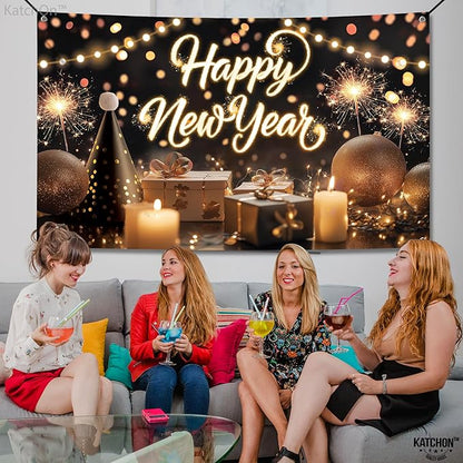 KatchOn, XtraLarge Happy New Year Banner - 72x44 Inch | NYE Backdrop for New Years Eve Party Supplies 2026 | Happy New Year Decorations 2026 | NYE Decorations 2026 | New Years Decorations