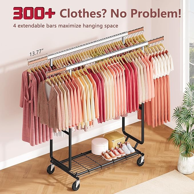 Hoctieon 2-Minute Assembly Double Rod Clothes Rack, Heavy Duty Rolling Clothing Racks with Wheels, Foldable Commercial Garment Rack, Extendable Hanging Bar, Adjustable Metal Pole with Hooks, Black