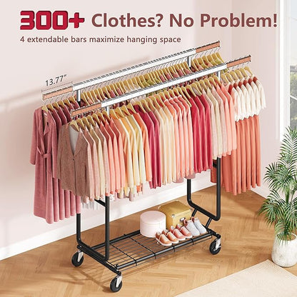 Hoctieon 2-Minute Assembly Double Rod Clothes Rack, Heavy Duty Rolling Clothing Racks with Wheels, Foldable Commercial Garment Rack, Extendable Hanging Bar, Adjustable Metal Pole with Hooks, Black