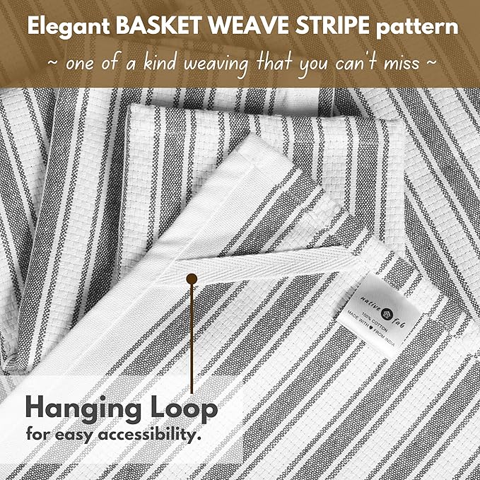 Native Fab Gray Stripe Kitchen Towels - 12 Pack - 100% Cotton, Basket Weave Striped Dishcloths Set - 16 x 26 Inches - Absorbent, Quick Drying, Durable & Washable Towel with Hanging Loop - Grey White