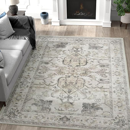 jinchan 4x6 Machine Washable Area Rugs Ultra-Thin Soft Throw Rug Low Pile Non-Slip Stain Resistant Distressed Vintage Floral Carpet for Bedroom,Living Room,Dining Room,Kitchen,Nursery(4x6ft,Taupe)
