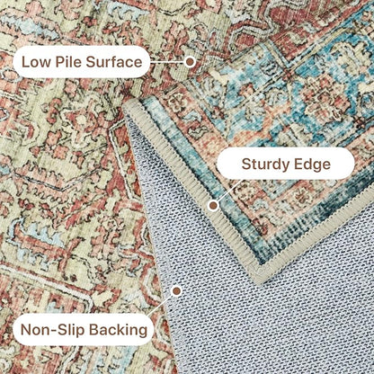 GENIMO Machine Washable 9x12 Area Rugs for Living Room, Non Slip Vintage Rugs, Low Pile Lightweight Chenille Print Rug for Bedroom, Dining Room, Home Office, Red Multi