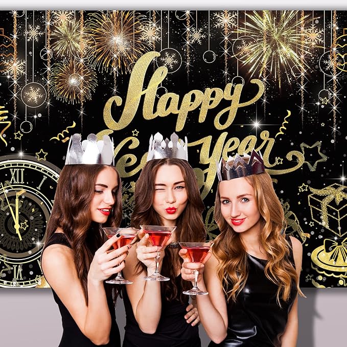 Happy New Year Backdrop,7x5FT 2026 Black Happy New Year Backdrop Party Decor New Year Banner New Year Eve Party Backdrop Supplies