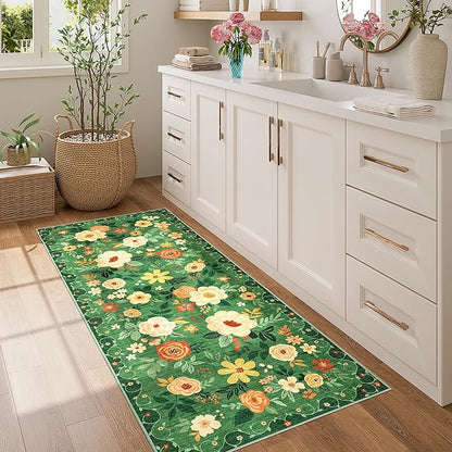 DUKINO 2x5 Runner Rug for Hallway, Washable Kitchen Floral Runner Rug with Non Slip Backing, Low Pile Soft Boho Carpet for Kitchen, Hallway, Entryway, Laundry, Bedroom, Dark Green