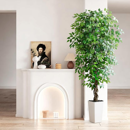 Artificial Ficus Tree 6FT Faux Plants Indoor Tall Fake Plants with White Tall Planter, Green Lifelike Lush Fake Ficus Tree for Home Living Room Bedroom Outdoor Balcony House Office Decor
