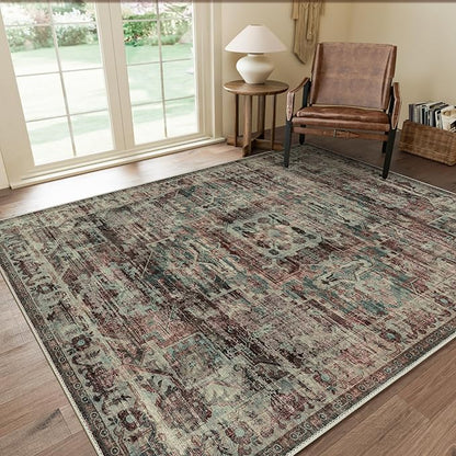 GENIMO Machine Washable 9x12 Area Rugs for Living Room, Non Slip Vintage Rugs, Low Pile Lightweight Chenille Print Rug for Bedroom, Dining Room, Home Office, Dark Scarlet
