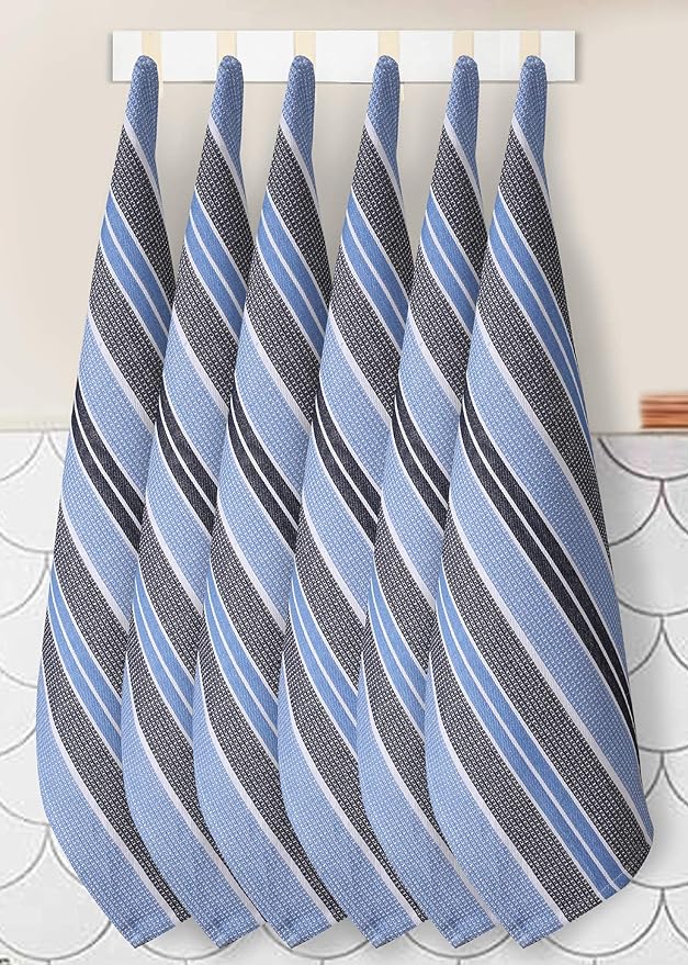 Goroly Home Kitchen Towels 18x28 Inch, Set of 6, Honey Comb Design, Super Absorbent, Quick Dry, Soft, 100% Cotton Dish Towels for Wiping Hands, Drying Dishes, Cleaning Dishcloths Set - Sky Blue Navy
