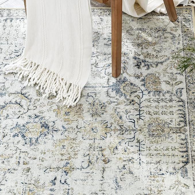 jinchan Area Rug 2x3 Washable Entryway Rug Vintage Doormat Indoor Entrance Lightweight Thin Retro Distressed Door Mat Floral Print Country Boho Non Slip Carpet for Bathroom Kitchen Bedroom Blue