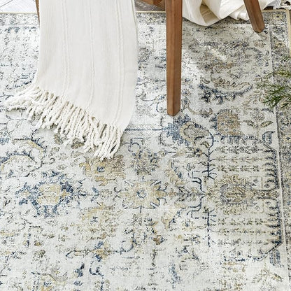 jinchan Area Rug 2x3 Washable Entryway Rug Vintage Doormat Indoor Entrance Lightweight Thin Retro Distressed Door Mat Floral Print Country Boho Non Slip Carpet for Bathroom Kitchen Bedroom Blue