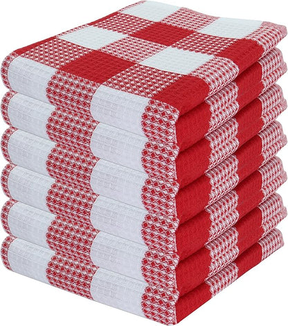PurpleEssences 100% Cotton Waffle Weave Check Plaid Kitchen Towels, Super Soft and Absorbent Dish Towels for Drying Dishes 15x25-6 Pack - Christmas Holiday Winter - Red and White