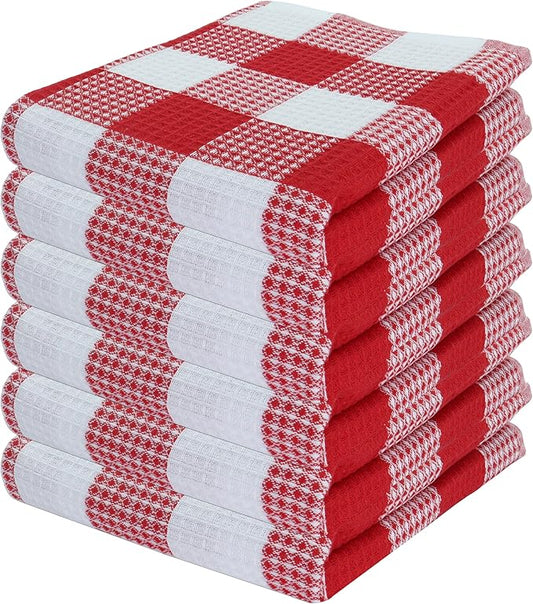 PurpleEssences 100% Cotton Waffle Weave Check Plaid Kitchen Towels, Super Soft and Absorbent Dish Towels for Drying Dishes 15x25-6 Pack - Christmas Holiday Winter - Red and White