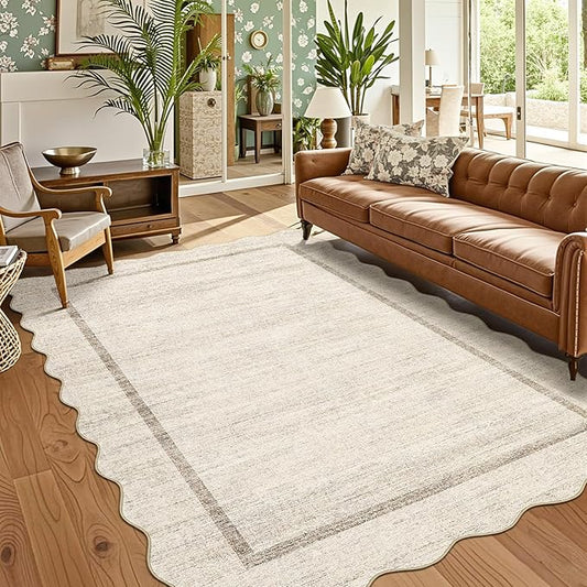 GarveeHome Scalloped 3x5 Washable Rug for Entryway, Super Soft Entryway Rug Non-Slip, Printed Faux Wool Floral 3x5 Area Rug Thin Floor Carpet for Kitchen, Bedroom, Office, Living Room, Beige