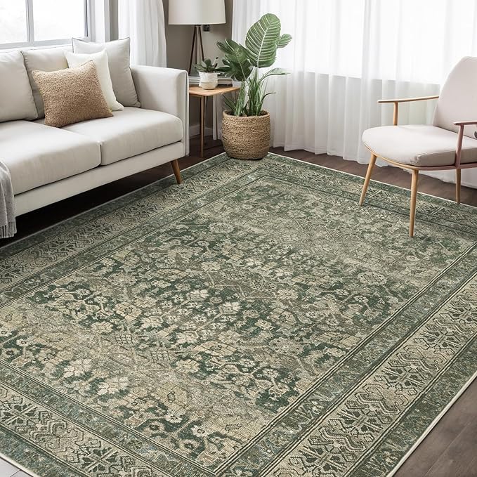 Vintage Washable Area Rug for Living Room,Low Pile 6x9 Non Slip Carpet Non-Shedding Area Rug Soft Indoor Stain Resistant Rug Floral Print Mat for Bedroom Dining Room Green