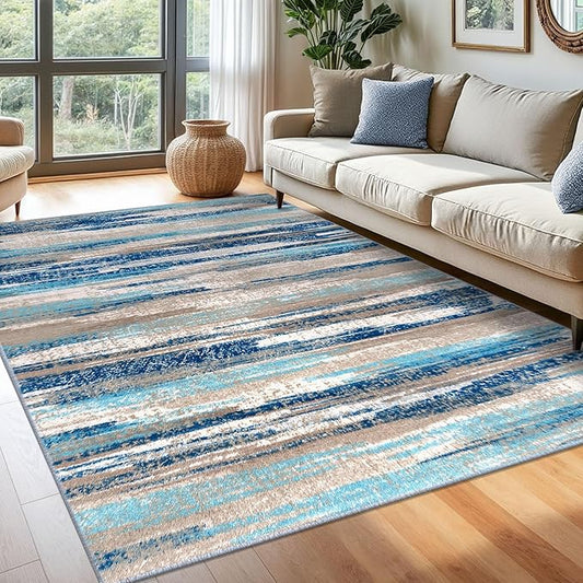 Modern Abstract 6x9 Machine Washable Living Room Rug Non-Slip Soft Bedroom Area Rug Blue Ultra Thin Print Faux Wool Floor Carpet Throw Rugs for Nursery Playroom Dining Room Indoor Office