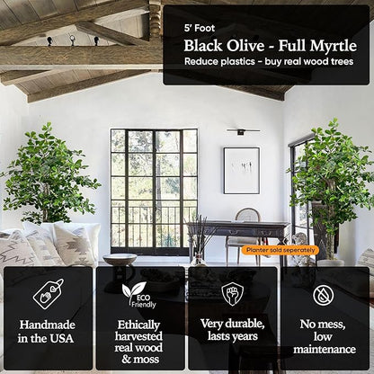 Cypress & Alabaster Handmade 5ft Italian Black Olive Leaf Artificial Tree with Ethically Sourced Real Wood Trunks, Hypoallergenic, 5-Foot, Green