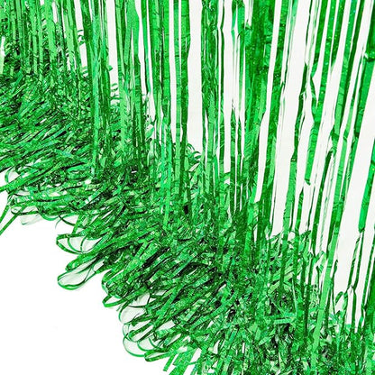 BRAVESHINE Green Metallic Tinsel Foil Fringe Curtains - 2 Pack 3.2 x 8.2 ft Metallic Photo Backdrop for Graduates-Theme/St Patricks Day/Hawaiian/Luau/Dinosaur/Jungle-Theme/Christmas Party Decorations