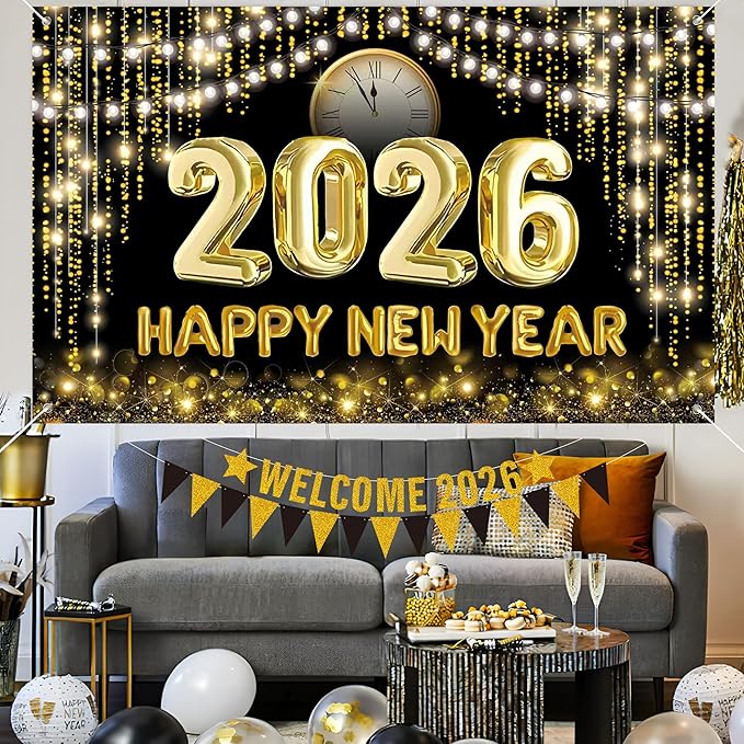 2026 New Years Eve Party Supplies Set, Large Happy New Year 2026 Background Banner, Party Cone Hats, Welcome 2026 Banner, 2026 New Years Eyeglasses and Party Blowers