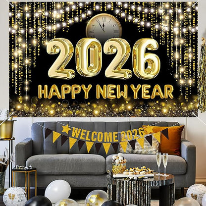 2026 New Years Eve Party Supplies Set, Large Happy New Year 2026 Background Banner, Party Cone Hats, Welcome 2026 Banner, 2026 New Years Eyeglasses and Party Blowers