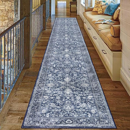 KILOCOCO Runner for Hallway 2.6x16 Runner Rug Printed Vintage Floral Washable Rug Kitchen Runners Soft Non-Slip Low Pile Hallway Runners Laundry Room Distressed Boho Rugs, Blue