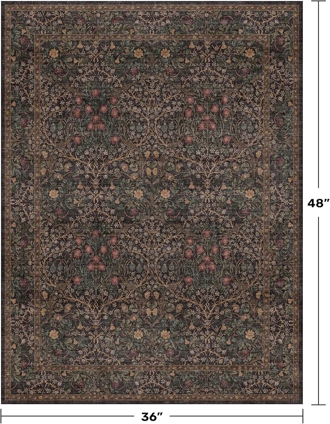 Vintage Dark Brown 3x4 Entryway Rug, Washable Small Area Rugs for Entryway, Kitchen, Bathroom, Door Mat, Indoor Entrance, Oriental Floral Low Pile Stain Resistant Non-Slip Large Rug