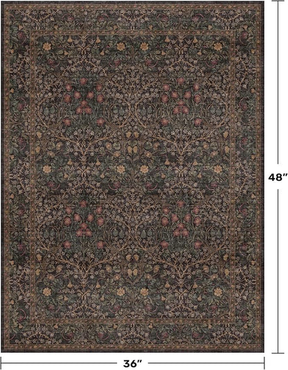 Vintage Dark Brown 3x4 Entryway Rug, Washable Small Area Rugs for Entryway, Kitchen, Bathroom, Door Mat, Indoor Entrance, Oriental Floral Low Pile Stain Resistant Non-Slip Large Rug