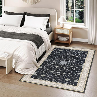 3x5 Area Rug for Entryway, Small Black Boho Washable Rug, Soft Modern Low Pile Indoor Doormat, Carpet for Bedroom Bedside Living Room Bathroom Playroom Kitchen Dining Room Laundry, Black/Gold