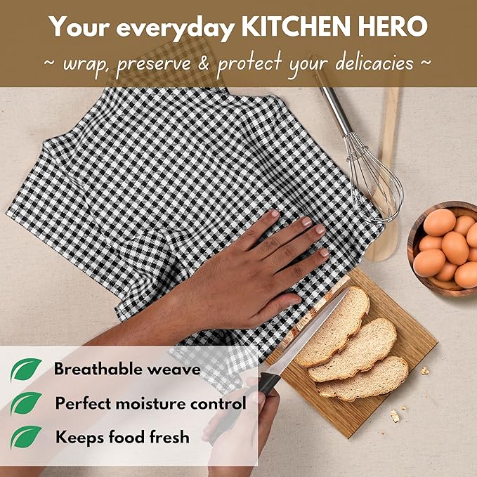Native Fab 6 Pack Gingham Mini Check Kitchen Hand Towels Set - 100% Cotton Absorbent Reusable Dishcloths 16"x26" - Quick Drying Dish Towels with Hanging Loops for Kitchen, Black White