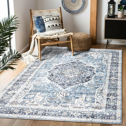Area Rug 3×5, Vintage Boho Rug,Ultra-Soft Low Pile, Washable, Non Slip,Stain Resistant Printed Carpet for Living Room Bedrooms Playroom Office Kitchen, Light Blue