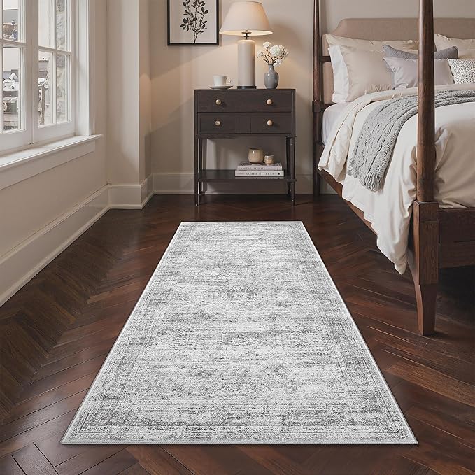 3x6 Runner Rug Non Slip, Thin Entryway Washable Rug for Entryway, Runners for Hallways, Low Pile Vintage Abstract Soft Rugs for Living Room, Kitchen, Bedroom (3'x6', Grey/Ivory)