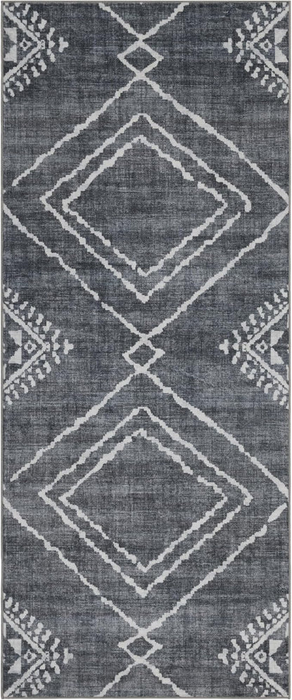 ReaLife Rugs Machine Washable Area Rug Runner - Living Room Bedroom Bathroom Kitchen Entryway Office - Padded Low Pile Stain Resistant Premium - Moroccan Diamond Tribal - Jax - Gray 2'6" x 8'