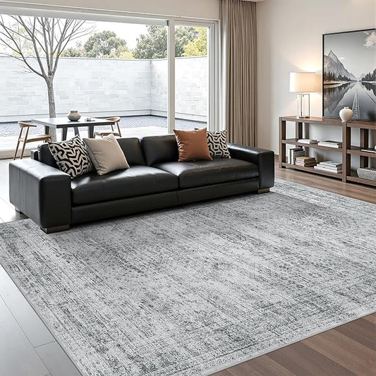 5x7 Area Rugs, Ultra-Thin Washable Rugs for Living Room, Anti-Slip Backing Area Rug for Bedroom, Soft Abstract Vintage Home Decor Rug for Dining Room(5'x7', Grey/Ivory)