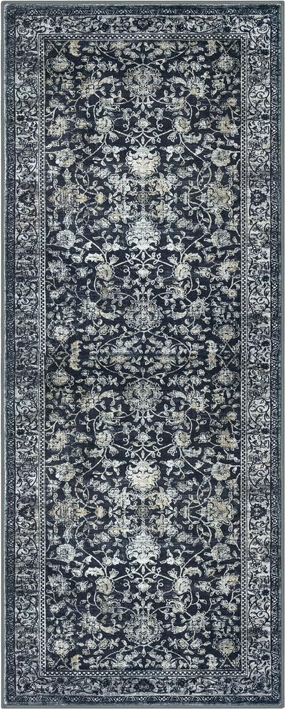 KILOCOCO Hallway Runner 3x8 Rug Runner Printed Vintage Floral Washable Kitchen Runners Non-slip Rubber Backed Runners for Hallways Laundry Room Distressed Boho Rugs for Entryway Bedroom, Navy/Charcoal