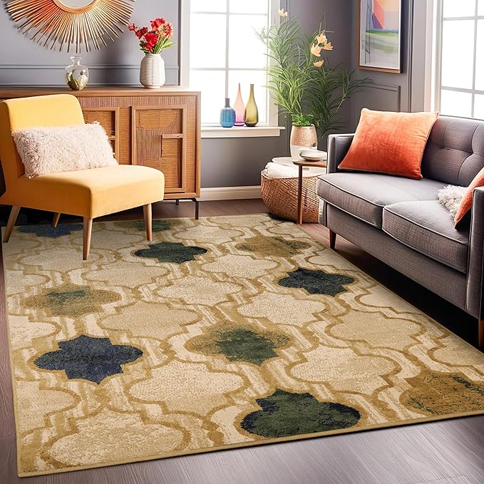 Superior Indoor Large Area Rug, Jute Backed, Perfect for Living/ Dining Room, Bedroom, Office, Kitchen, Entryway, Modern Geometric Trellis Floor Decor, Viking Collection, 8' x 10', Cream