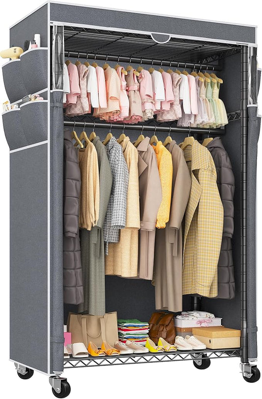 Raybee Rolling Clothes Rack with Cover Clothing Racks for Hanging Clothes Heavy Duty Portable Closet with Wheels Garment Rack 35.5" W*15.7" D*79 "H Black