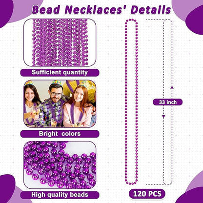 120 PCS Mardi Gras Accessories, 33" Purple Mardi Gras Beads, Party Costume Plastic Beaded Necklace, Parade Throws Bulk Party Favors for Halloween Pirate Wedding Birthday Decor