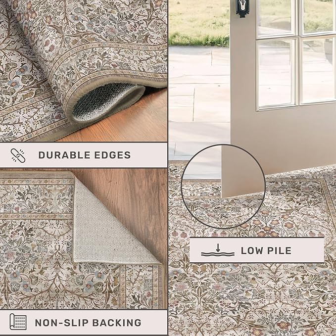 Washable Dining Room Rugs for Under Table - 7x9 Moss Green Oriental Area Rug for Living Room, Low Pile Non-Slip Floor Carpet for Bedroom Under Bed - Vintage Brown Neutral Design & Stain Resistance