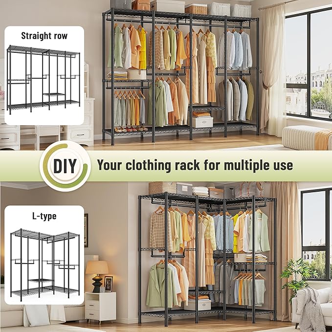 Raybee Clothes Rack for Hanging Clothes,Clothing Rack with Shelves,Portable Closet,Adjustable,76" W x 77" H x 18" D,Max Load 1150lbs,Black