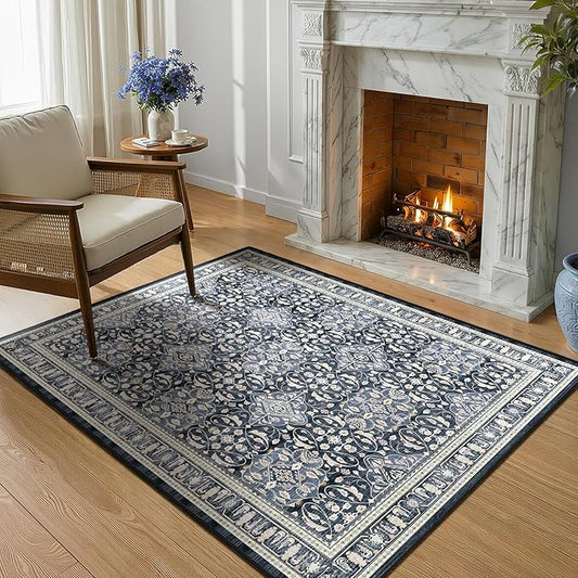 Dark Blue 4x5 Area Rugs for Living Bedroom, Kitchen Entryway Throw Rugs Non Skid Washable, Farmhouse Low Pile Thin Carpet Rug for Foyer/Nursery/Home Office/Dorm, Transitional Floral Trellis