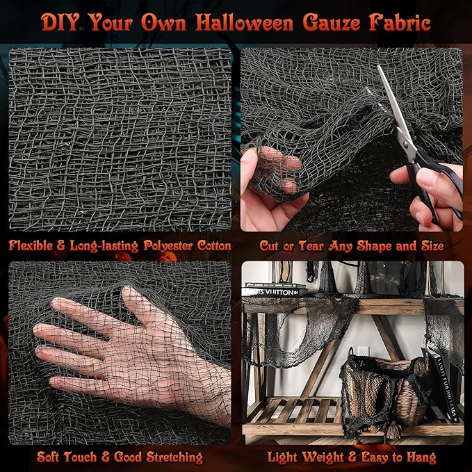 Legigo 12 Pack Halloween Creepy Cloths Cheesecloths, Spooky Black Mesh Fabric Cheese Cloths for Crafts, Scary Gauze Fabric for Party Supplies Home Wall Doorway Outdoor Yard Decor(6 Colors)