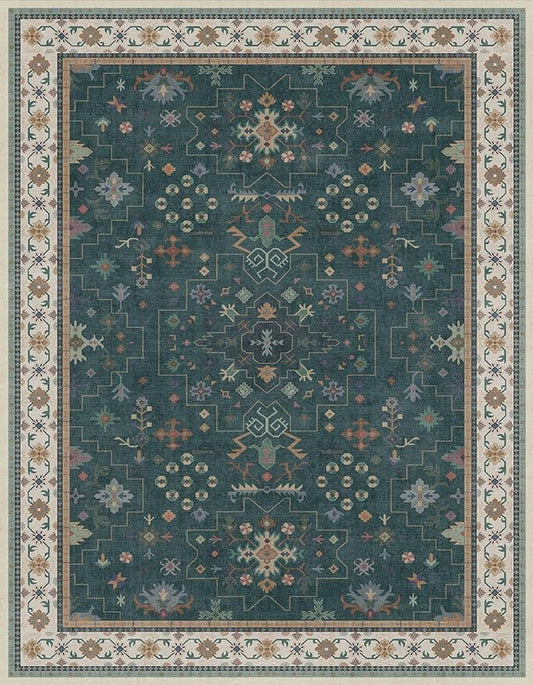 Vintage Dark Green 7x9 Dining Room Rugs for Under Kitchen Table - Washable Livinig Room Rug - Unique Floral Pastel Low Pile Non-Slip Area Rugs for Bedroom