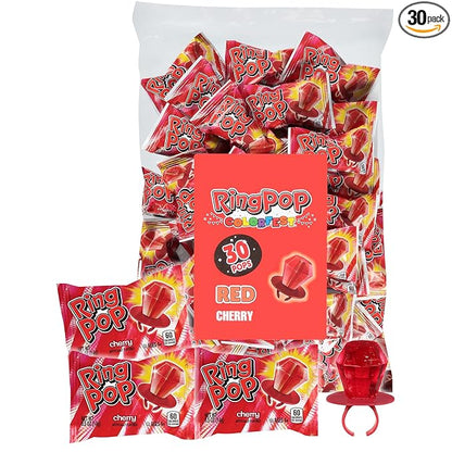 Ring Pop Red Valentine's Candy Lollipops, 30 Ct Bulk Individually Wrapped in Red Cherry Flavor, Full Size, Fun Hard Candy For Birthday Parties, Valentine's Gifts, Goodie Bags, Party Favors