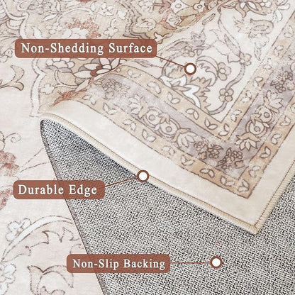 vivorug Beige Runner Rug 2x10 Machine Washable Rug with Non-Slip Backing, Ideal for Kitchen Hallway Entryway Laundry Room - Vintage, Durable, Easy Clean, Low Pile Carpet Runner