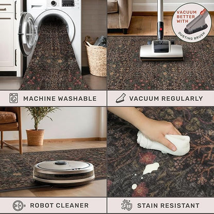 Brown Boho Washable 2x6 Runner Rugs for Hallway, Kitchen, Bedroom Bedside, Laundry Room, Bathroom Rug, Pet & Kids Friendly, Non Slip Low Pile Stain Resistant Soft Long Floral 24 x 72 Floor Carpet