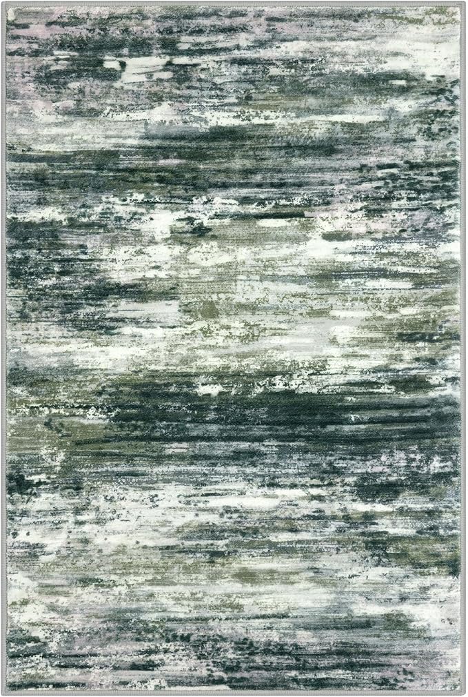 KOZYFLY Modern Abstract 3x5 Area Rug Washable Bedroom Rug Green Yellow, Throw Entry Mat Non-Slip Stain Resistant Carpet Dining Room Rug with Soft Low Pile for Living Room Kitchen Bath Office