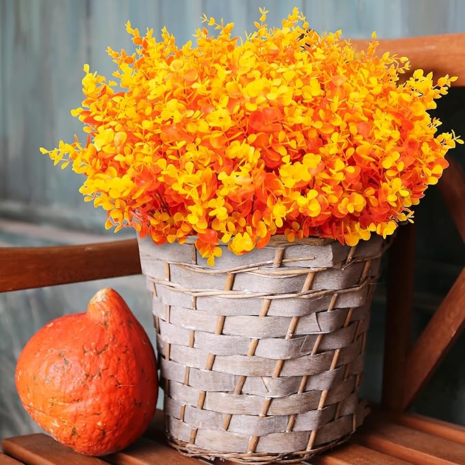 12 Bundles Eucalyptus Leaves Boxwood Artificial Mums for Outdoors/Indoors, Faux Mums for Outdoor Planters, Fall Fake Flowers for Decoration Garden Porch Window Home Farmhouse(Orange Eucalyptus)